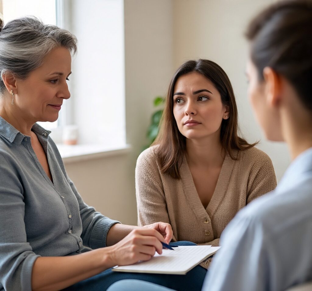 Therapist providing emotional support to a young woman during a counseling session, highlighting mental health care and therapy for emotional well-being.