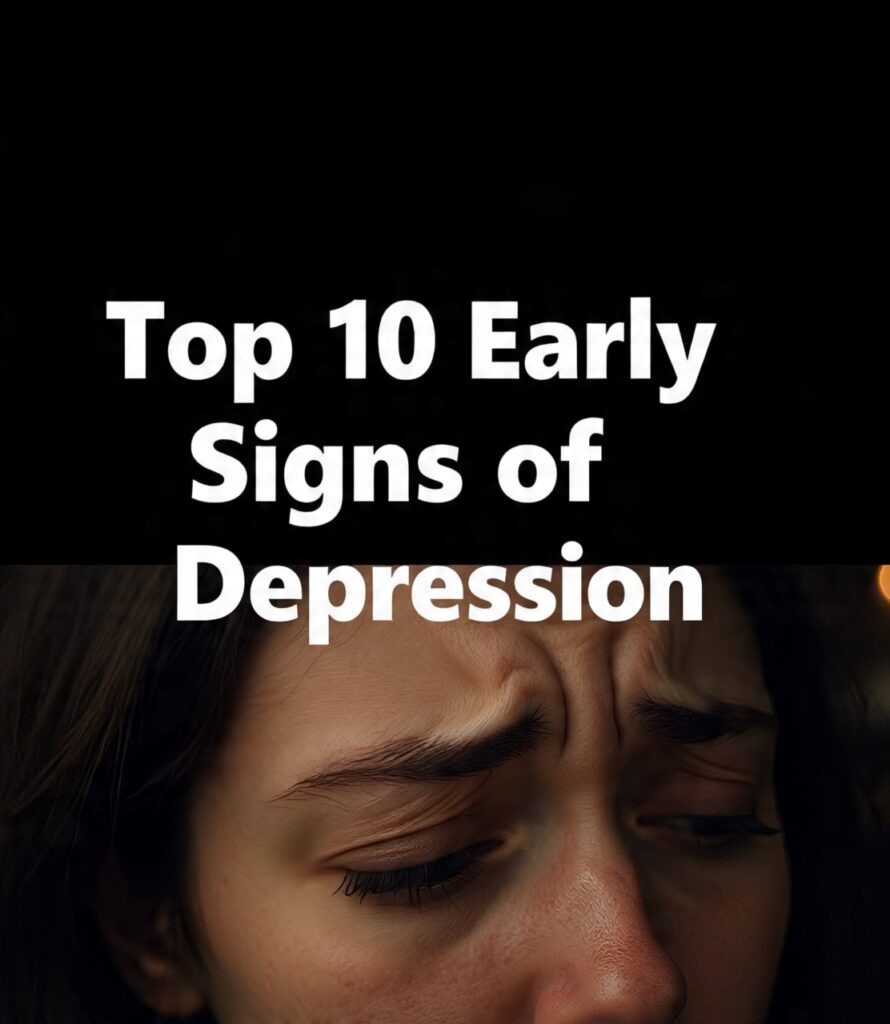 Top 10 early signs of depression showing a worried woman with furrowed brows, highlighting common symptoms and mental health awareness.