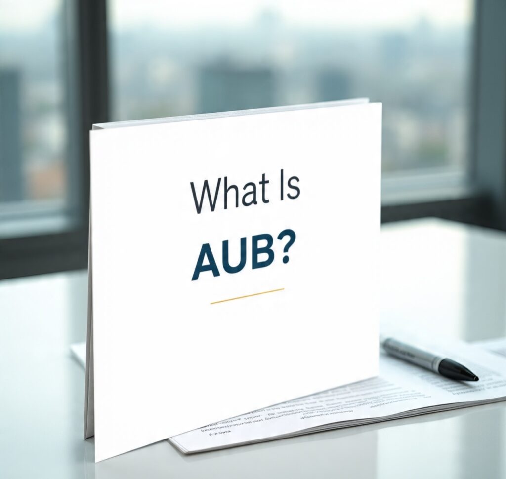 Booklet on a table titled "What Is AUB?" explaining abnormal uterine bleeding in women's health