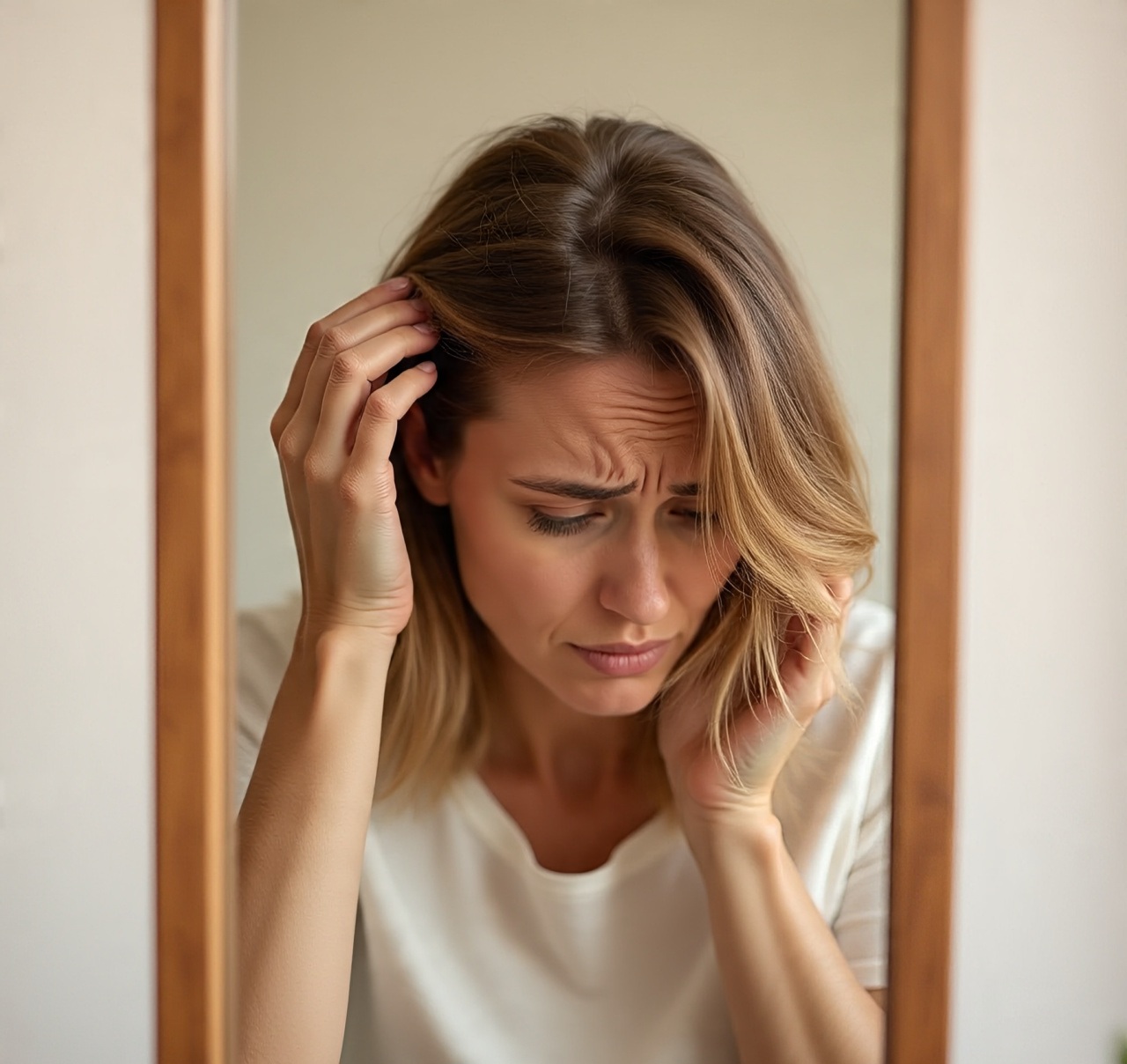 Concerned woman checking hair loss in mirror, showing signs of thinning hair and stress