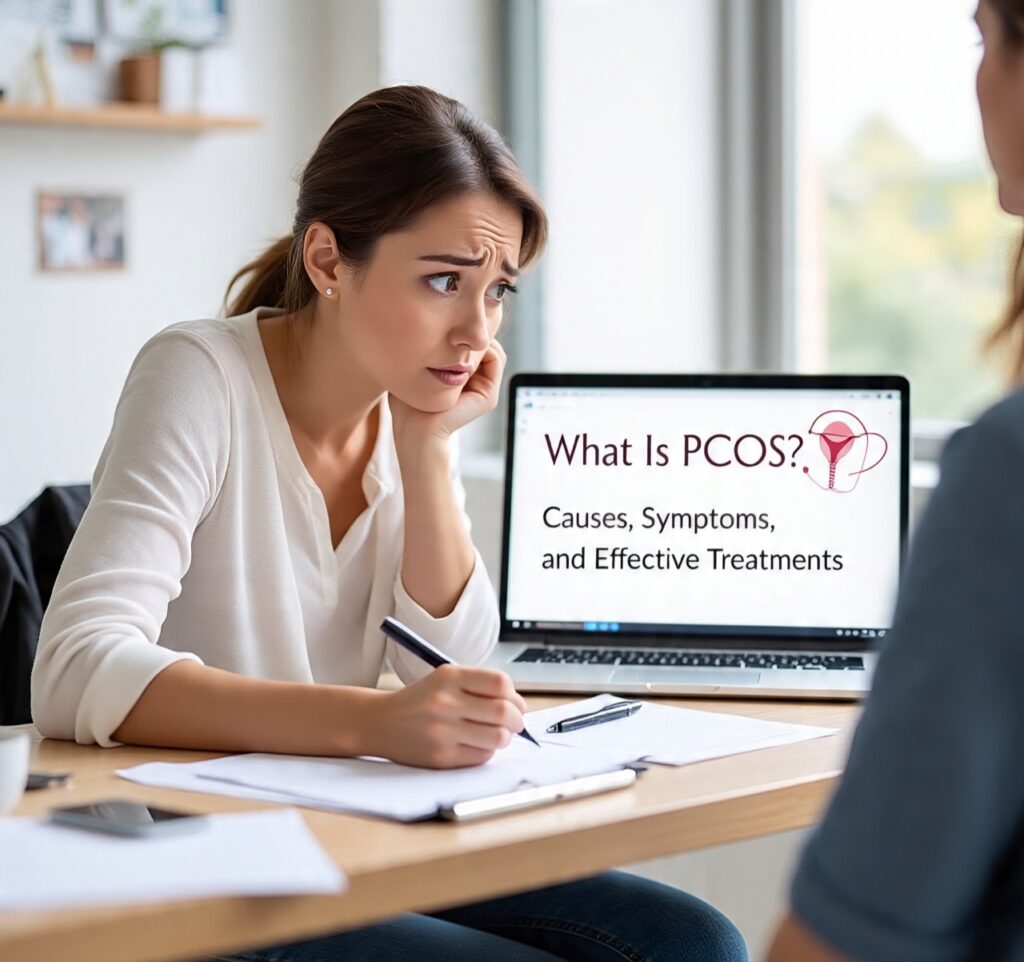 Worried woman consulting about PCOS causes, symptoms, and effective treatments during a medical discussion with educational information on a laptop screen.