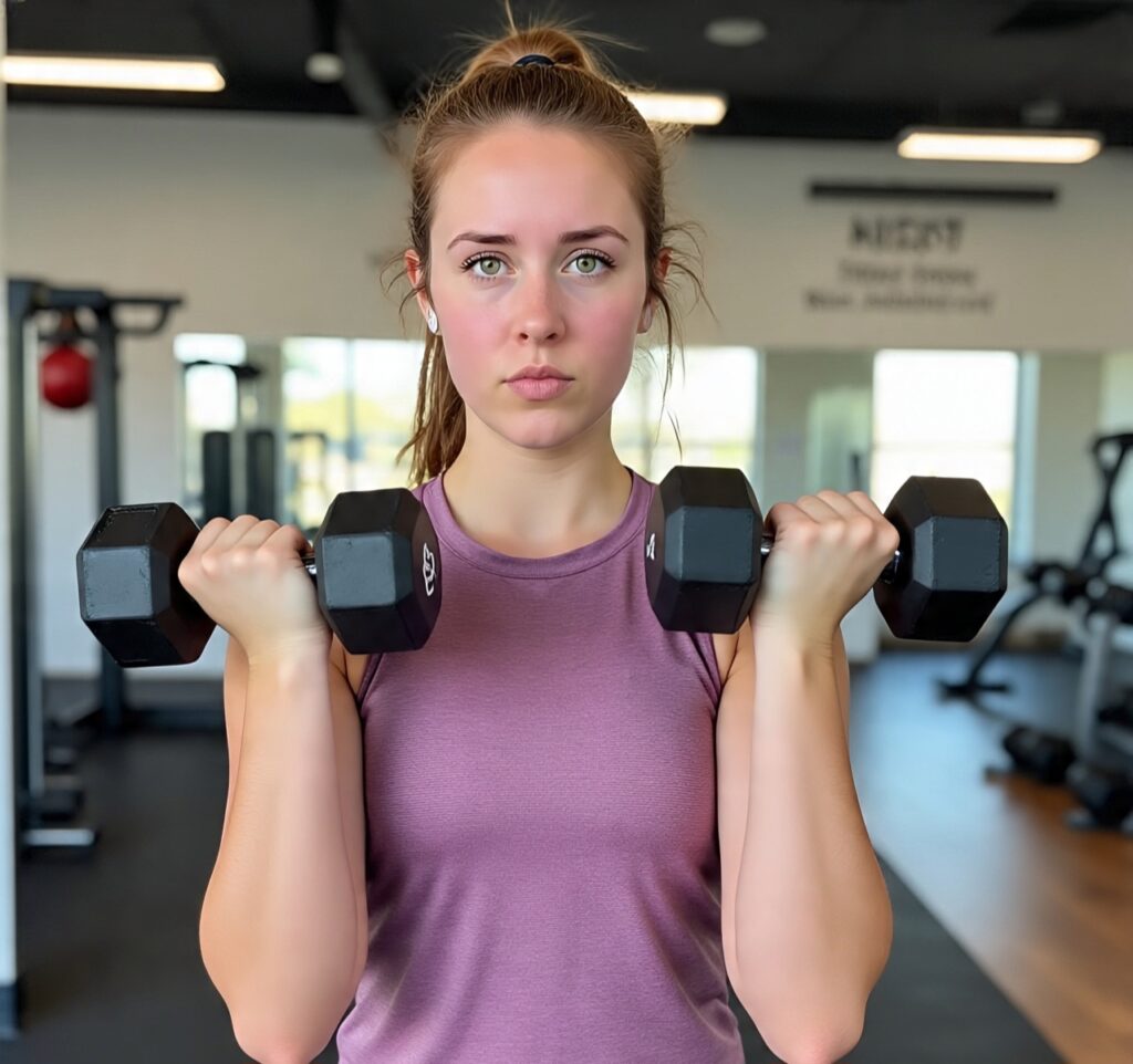 Young woman performing dumbbell bicep curls in a gym for strength training and muscle building
