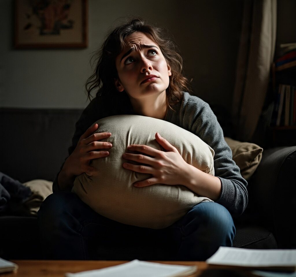 A young woman sitting alone on a couch, hugging a pillow tightly with a distressed and anxious expression, symbolizing emotional stress and mental health struggles in a dimly lit room.