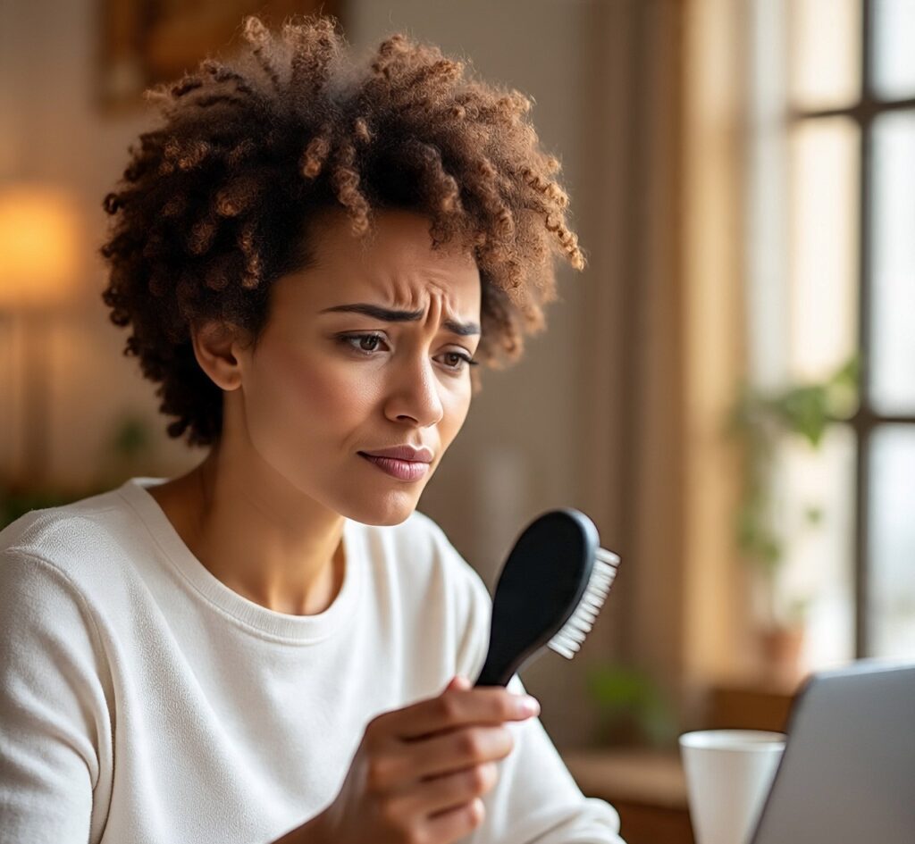 Worried woman noticing hair loss while looking at a hairbrush, concept of thinning hair and hair care concerns.