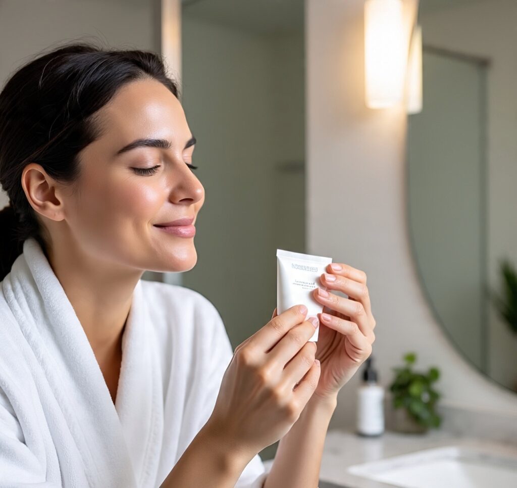 A woman in a white bathrobe smiling while holding a face cream tube during her skincare routine in a modern bathroom.