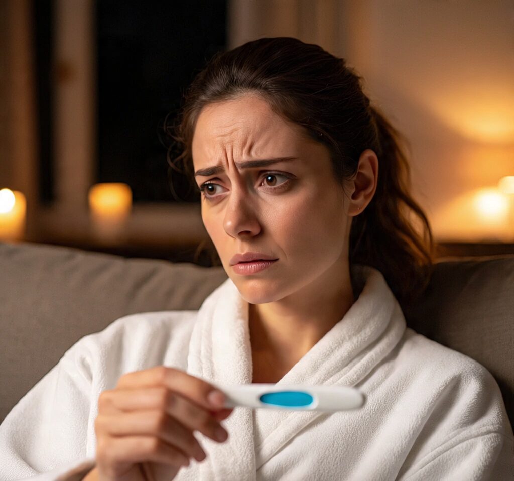 Woman in white robe holding a pregnancy test with a concerned expression, sitting indoors with warm candlelight in the background.