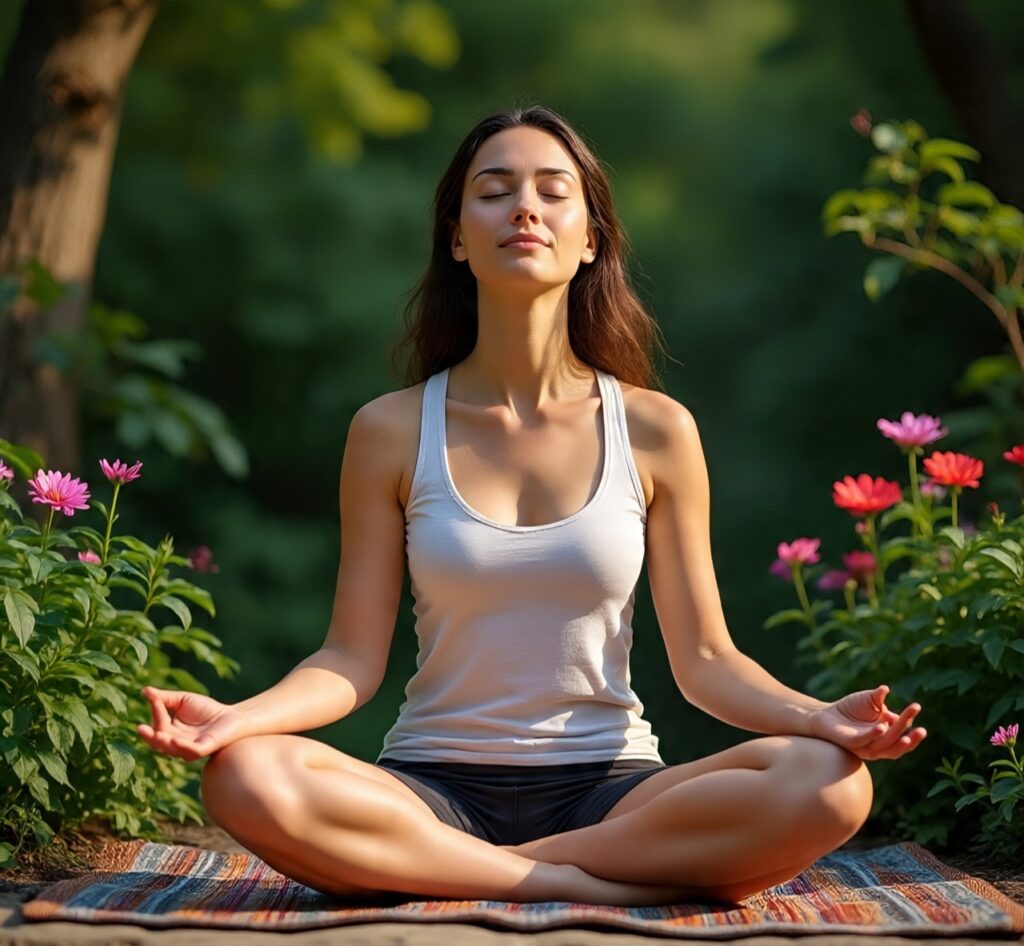 Young woman meditating outdoors in nature, practicing yoga and mindfulness surrounded by green plants and colorful flowers on a sunny day
