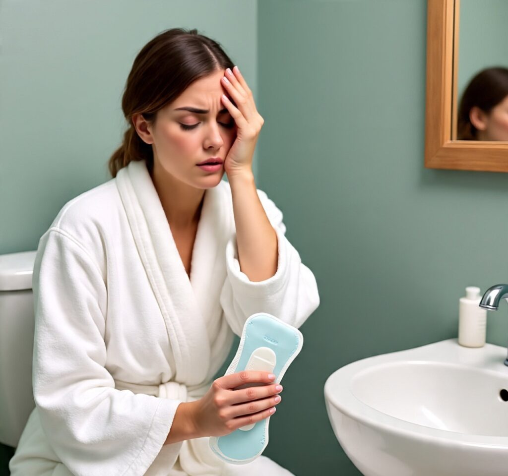 Young woman in a white robe experiencing menstrual cramps, holding a heat pad while sitting in a bathroom