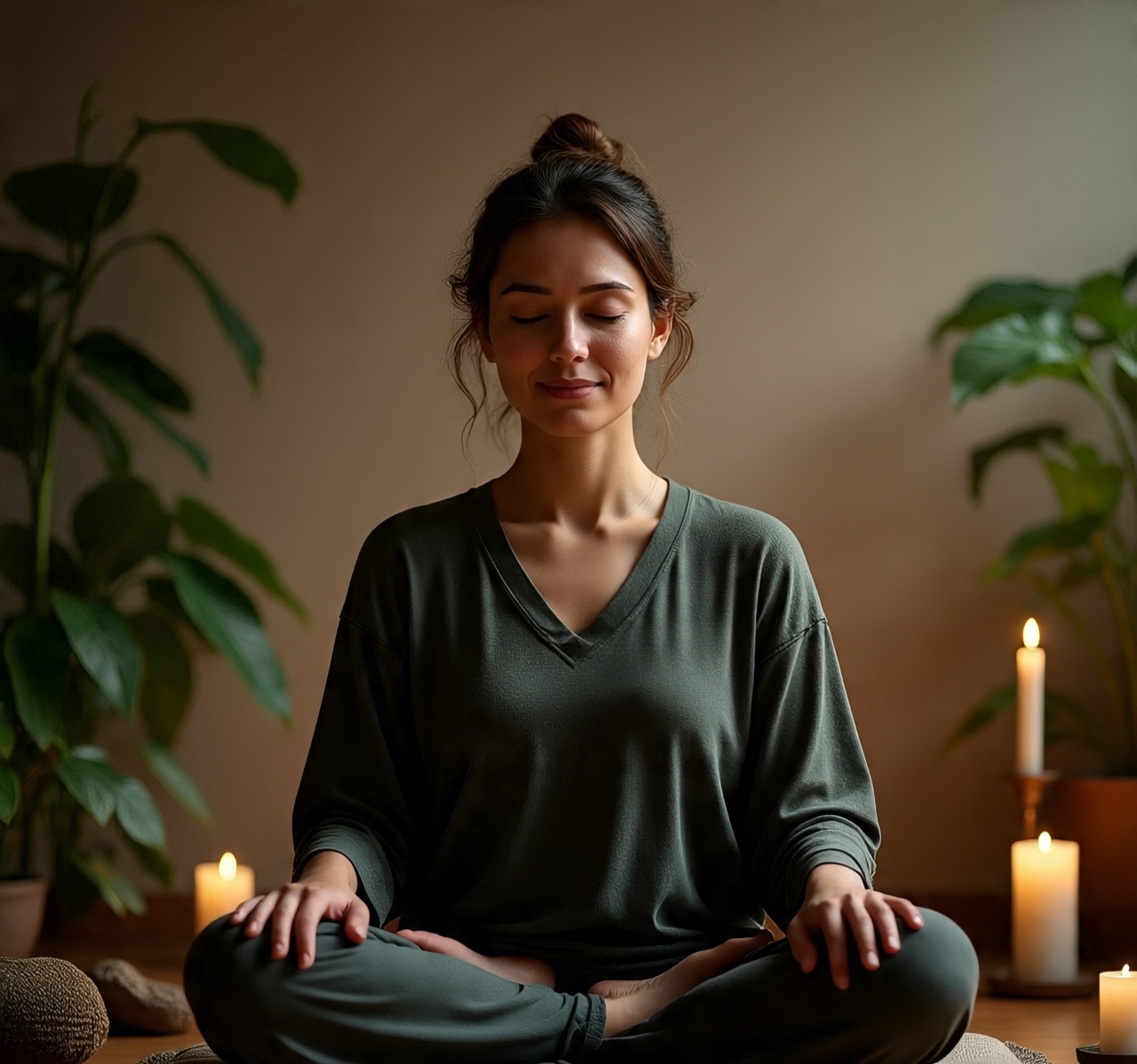 Calm woman practicing mindfulness meditation at home surrounded by candles and indoor plants