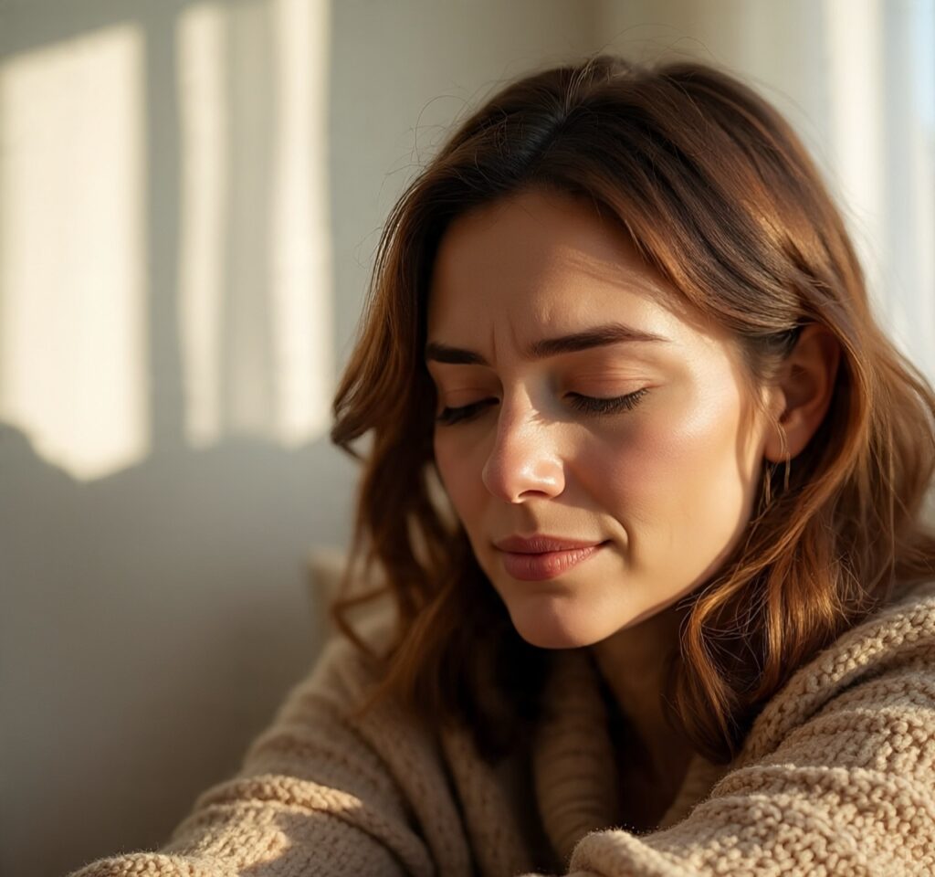 Calm young woman with closed eyes practicing mindfulness in warm morning sunlight, wearing cozy beige sweater indoors.