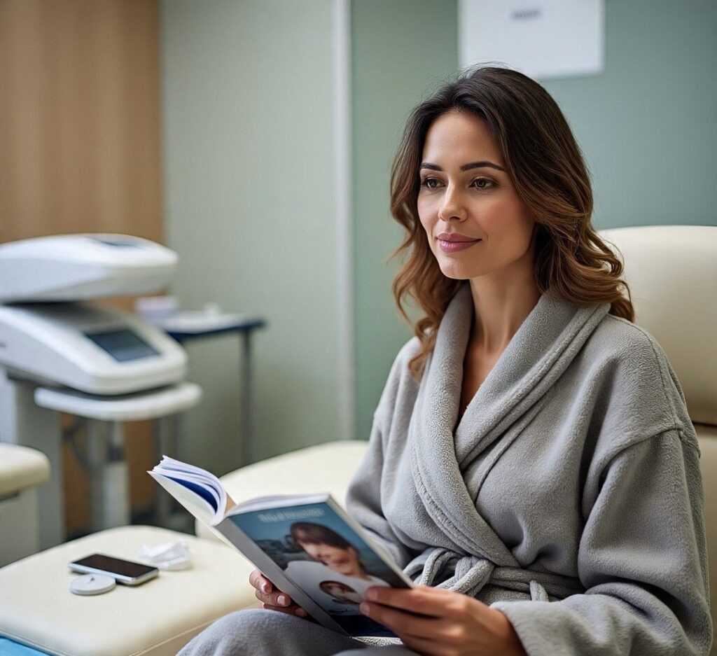 Woman in a cozy gray robe sitting in a medical spa waiting area, reading a skincare treatment brochure and preparing for a wellness procedure.
