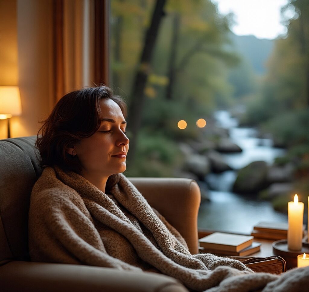 Woman relaxing in a cozy chair with a blanket, enjoying candlelight and a peaceful river view through a window.