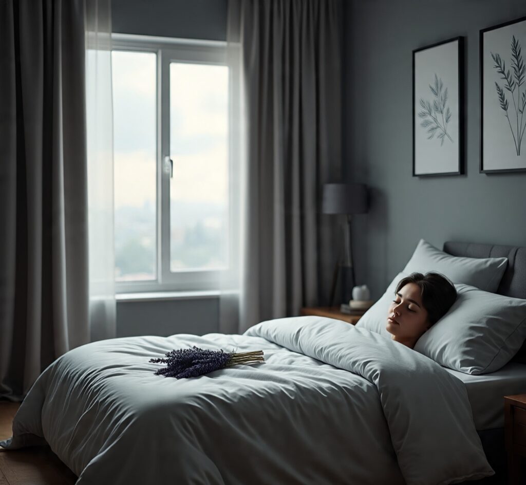 Young woman sleeping peacefully in a dark, cozy bedroom with lavender flowers on the bed, promoting restful sleep and relaxation
