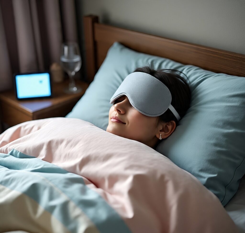 Young woman sleeping peacefully in bed wearing a gray eye mask with soft pastel bedding and a glass of water on the nightstand