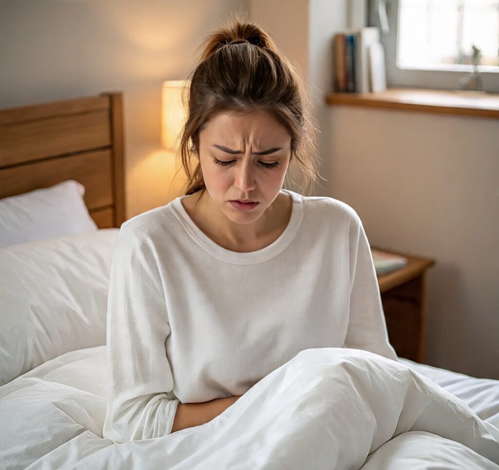 A young woman sitting in bed with a pained expression, holding her stomach, possibly experiencing abdominal cramps or digestive discomfort.