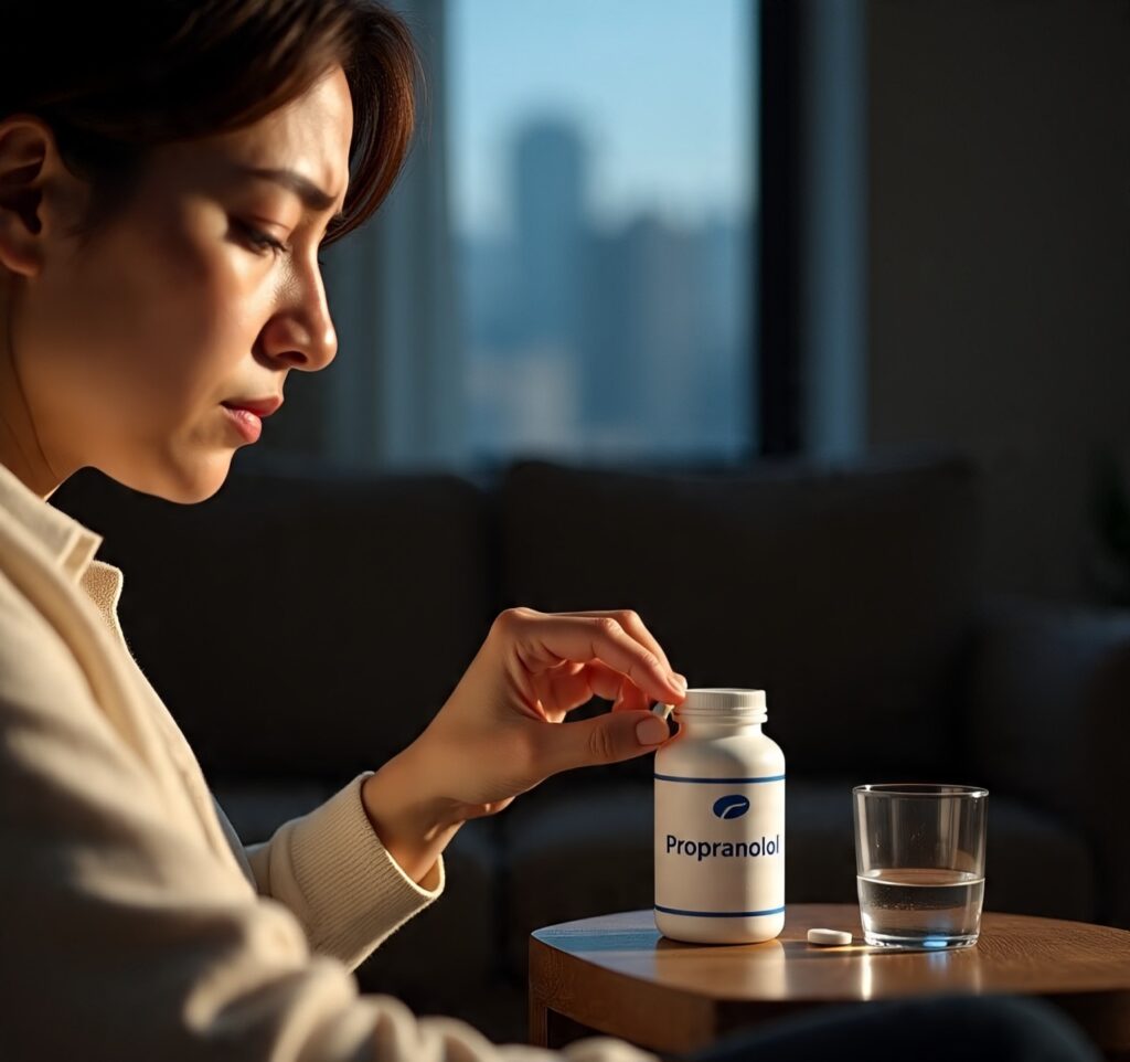 Woman holding a Propranolol pill with a glass of water beside her, considering medication for anxiety relief at home