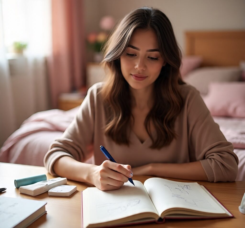 Young woman writing in a journal at a wooden desk in a cozy bedroom, surrounded by books and soft natural light from a nearby window