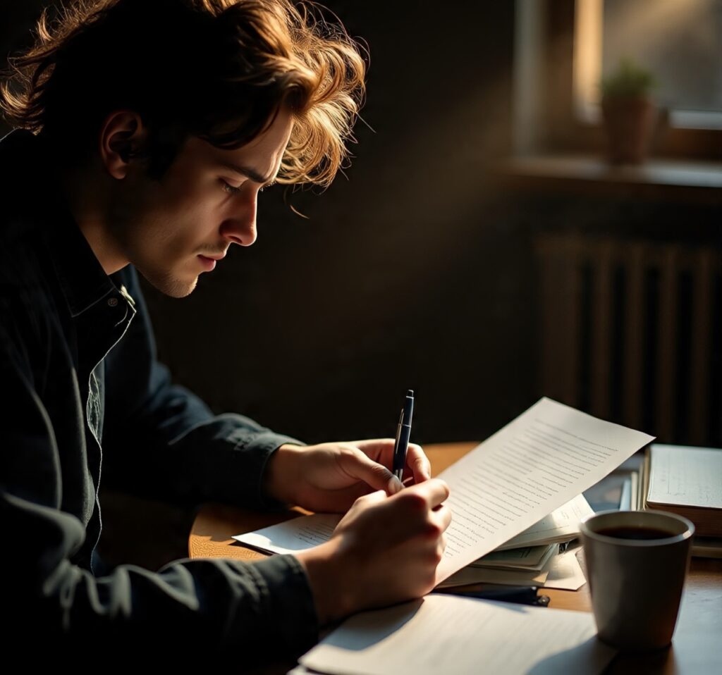 Young man studying and writing at a desk with papers and coffee, focused on work in a cozy home office