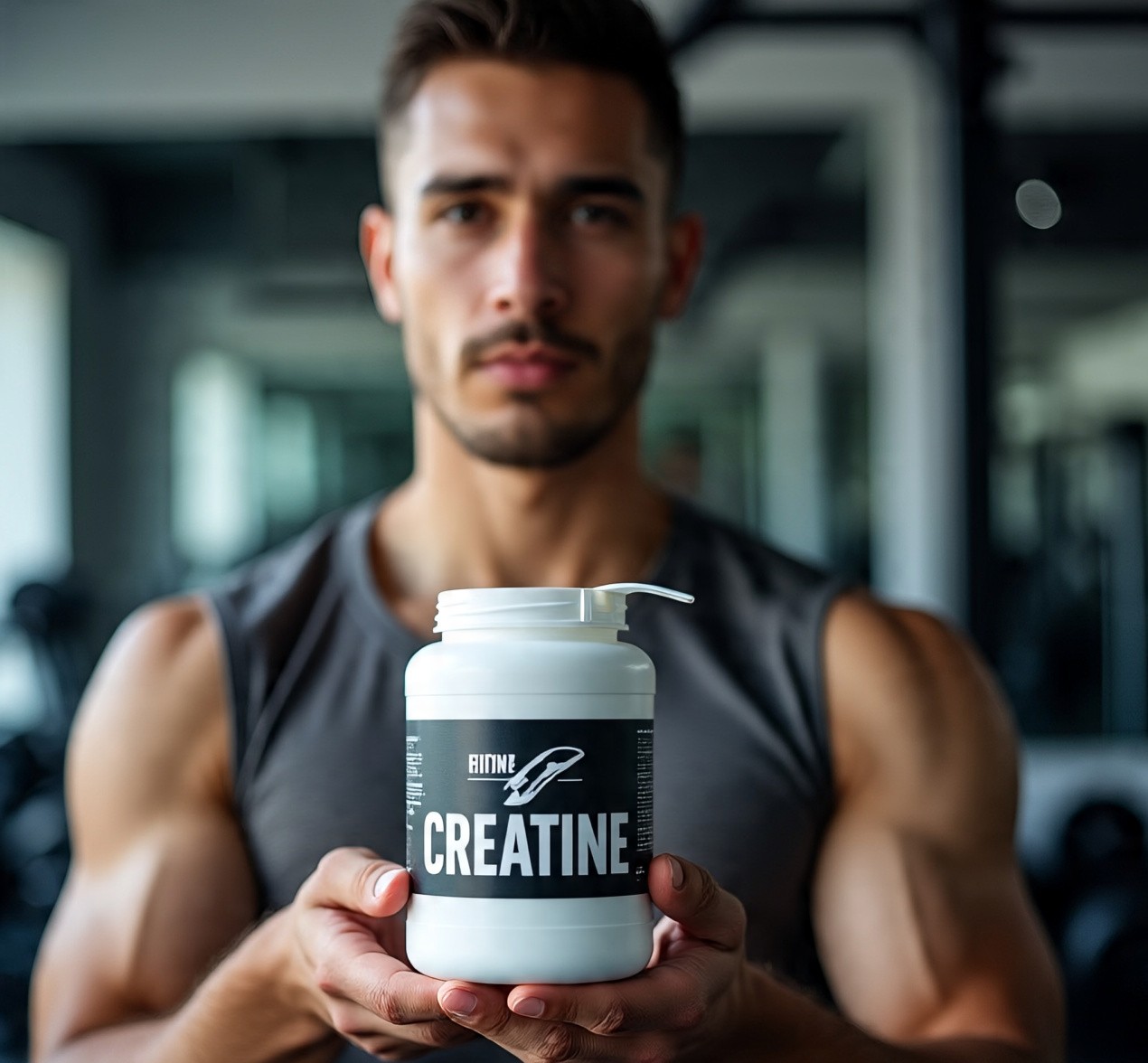 Man holding creatine supplement container at the gym for muscle growth and workout performance