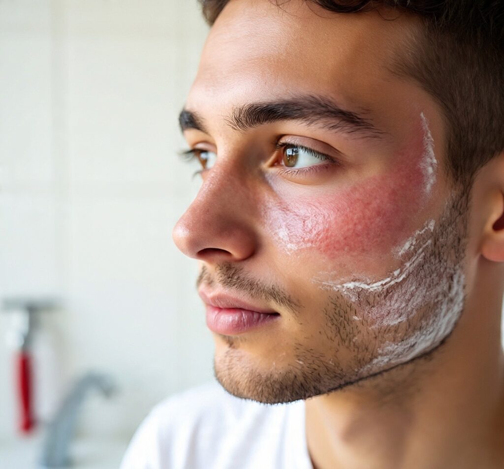 Man with razor burn and skin irritation on face applying soothing cream after shaving