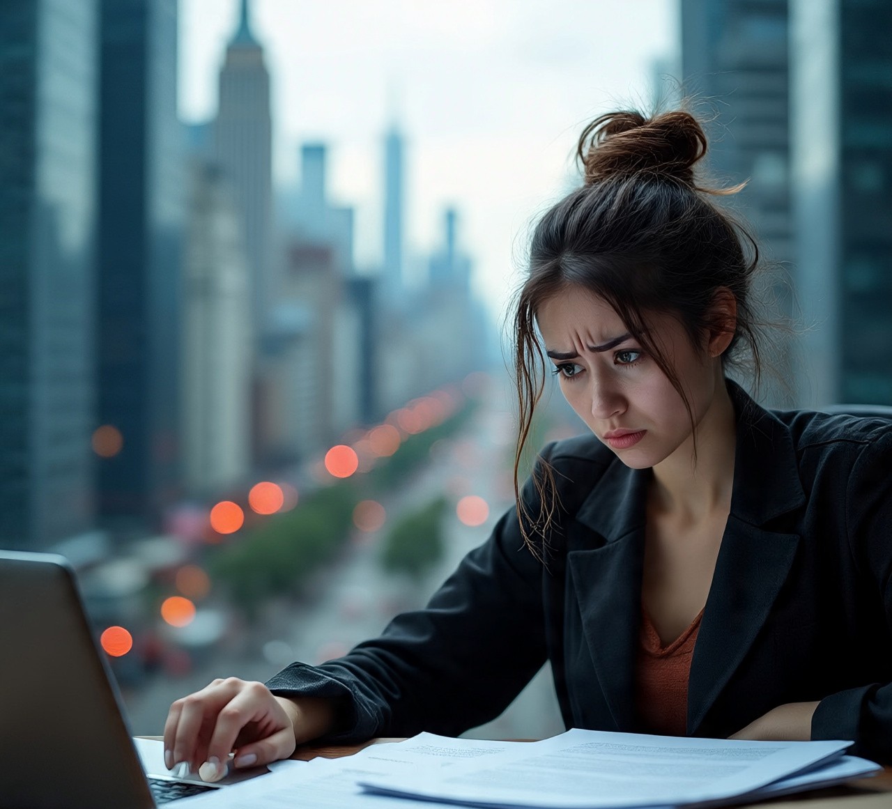 Stressed businesswoman working on laptop with documents in office overlooking city skyline, focused on deadline and workload