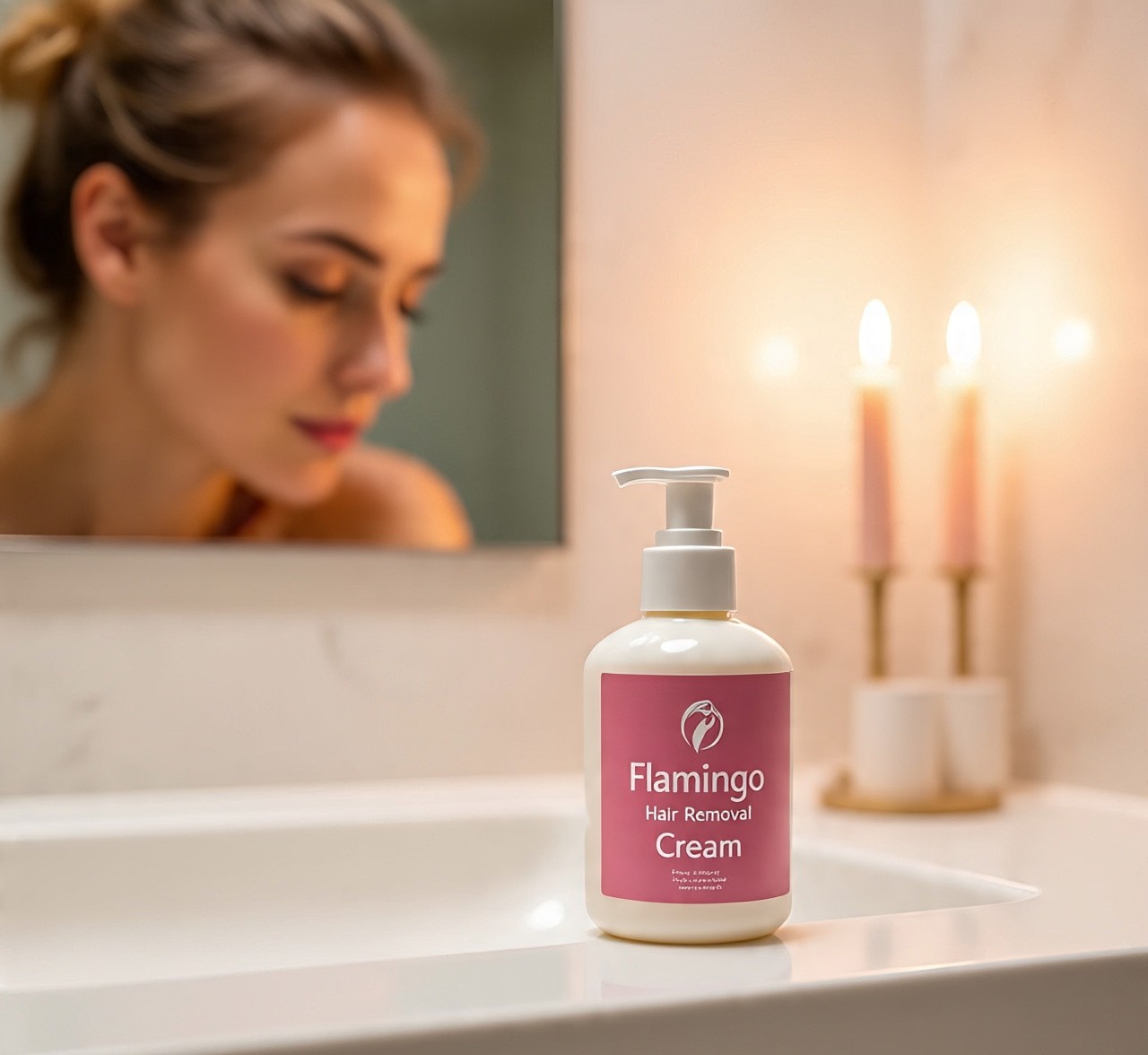 Flamingo Hair Removal Cream bottle on bathroom counter with candles and blurred woman in background