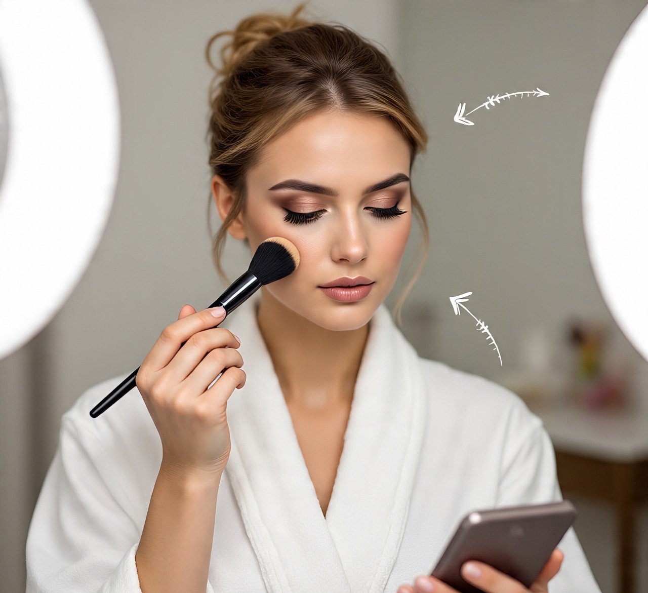 Woman applying foundation with makeup brush, showing step-by-step technique for flawless base application under natural lighting