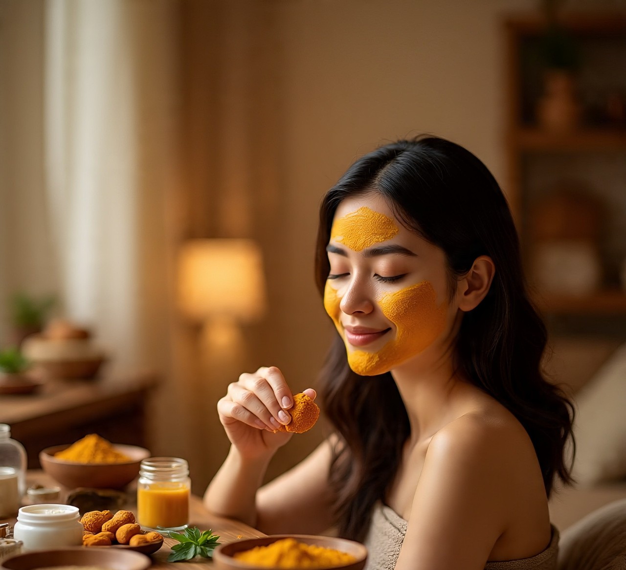 A woman applying a turmeric face mask as part of a natural Ayurvedic skincare routine, surrounded by herbal ingredients and warm indoor lighting