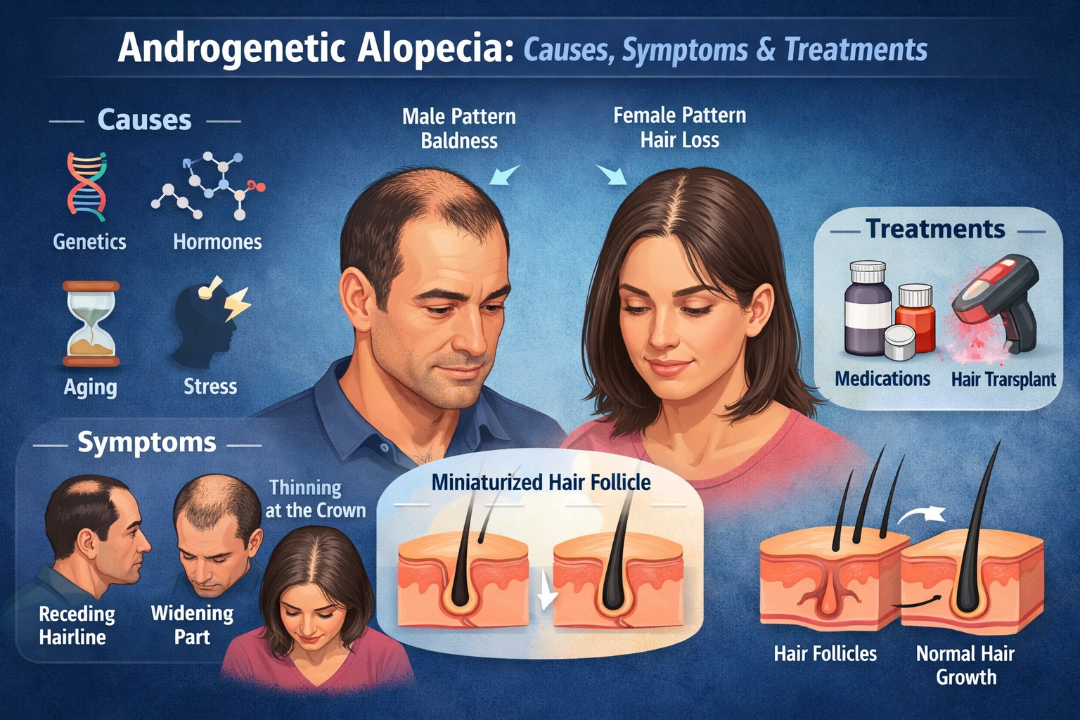 Infographic explaining androgenetic alopecia showing causes, symptoms, male and female pattern hair loss, and treatment options for hair thinning and baldness