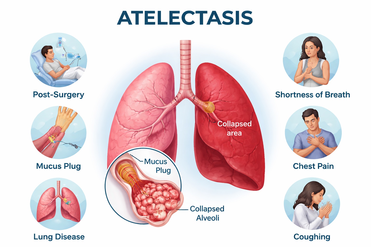 Medical illustration of atelectasis showing partial lung collapse, mucus plug blockage, and symptoms like shortness of breath, chest pain, and coughing