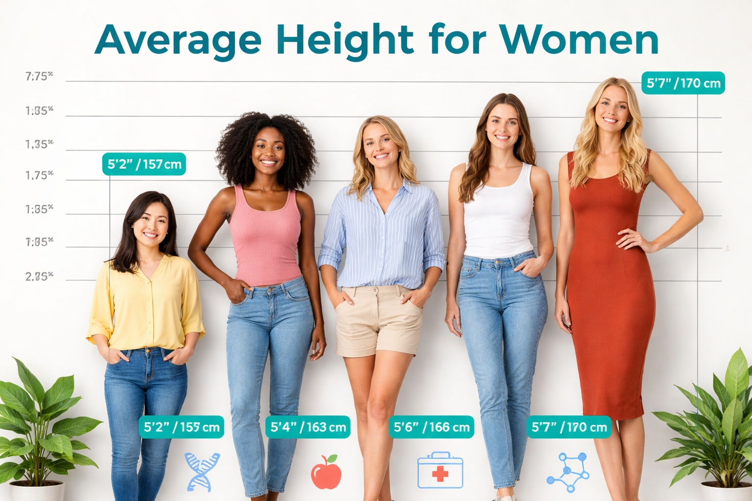 Infographic showing average height for women worldwide with silhouettes of diverse women, height measurements in feet and cm, and icons for genetics, nutrition, and health factors.