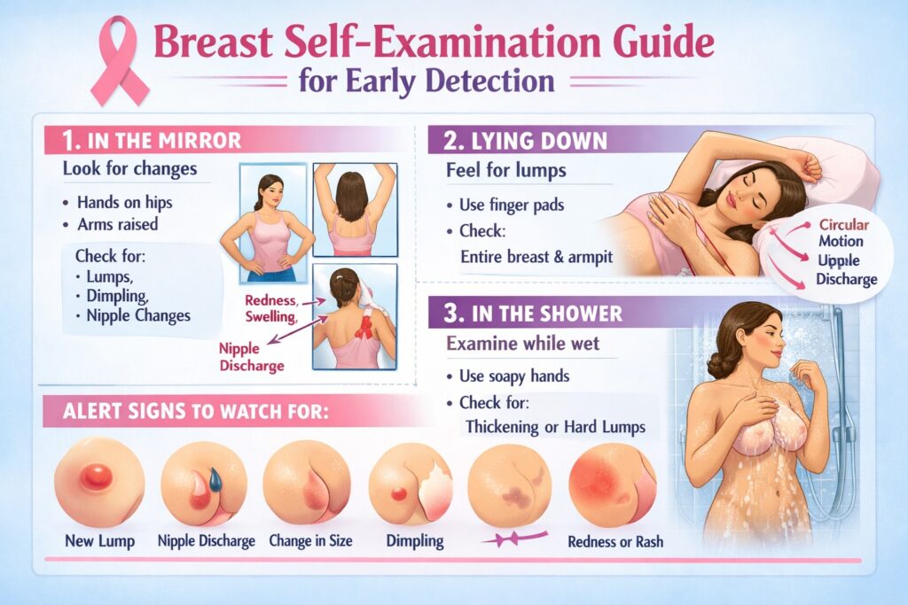 Breast self-examination guide showing step-by-step methods to check for lumps, nipple changes, and other early signs of breast cancer for early detection