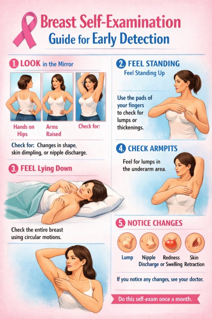 Breast self-examination guide for early detection showing step-by-step instructions to check breasts for lumps, nipple discharge, redness, swelling, and changes.