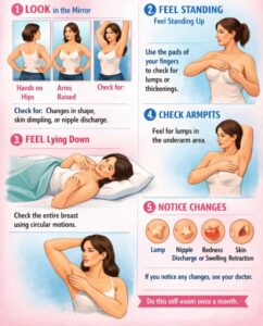 Breast self-examination guide for early detection showing step-by-step instructions to check breasts for lumps, nipple discharge, redness, swelling, and changes.