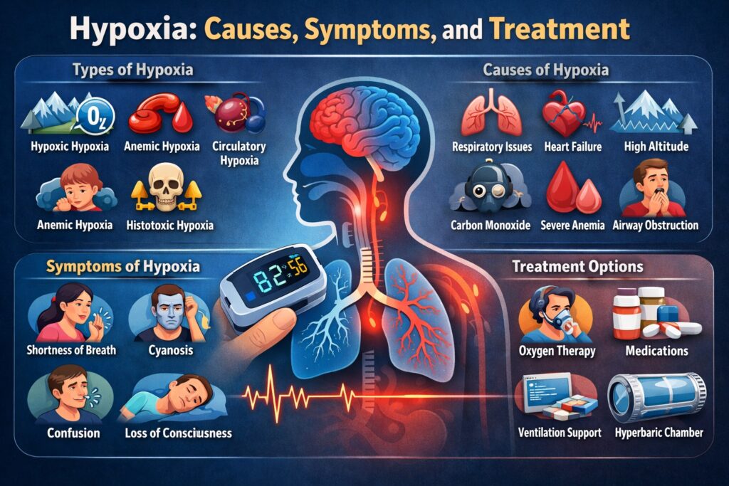 Infographic showing hypoxia causes, symptoms, types, and treatment options including oxygen therapy, pulse oximeter readings, and respiratory conditions