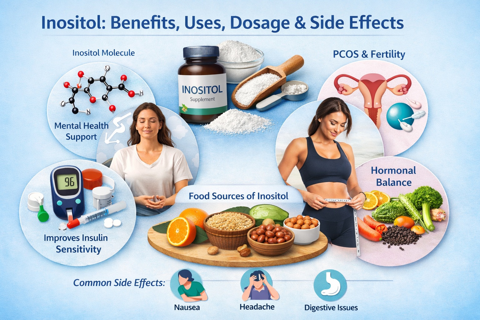 Inositol infographic showing benefits, uses, dosage, side effects, mental health support, PCOS, insulin sensitivity, and natural food sources of inositol