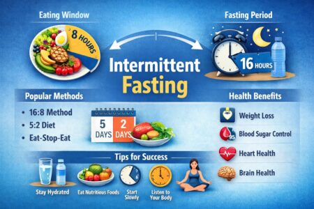 Infographic explaining intermittent fasting with 16:8 eating window, fasting period, popular fasting methods, and health benefits like weight loss, blood sugar control, and heart health.