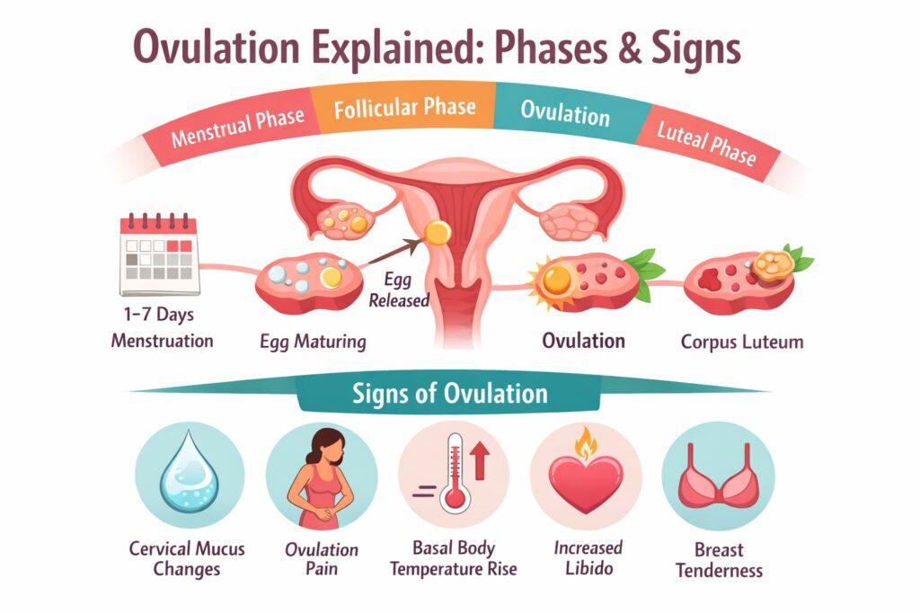 Illustration of the ovulation cycle showing menstrual, follicular, ovulation, and luteal phases with signs like cervical mucus changes, basal body temperature rise, ovulation pain, increased libido, and breast tenderness