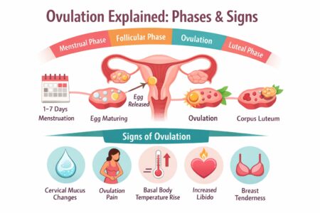 Illustration of the ovulation cycle showing menstrual, follicular, ovulation, and luteal phases with signs like cervical mucus changes, basal body temperature rise, ovulation pain, increased libido, and breast tenderness
