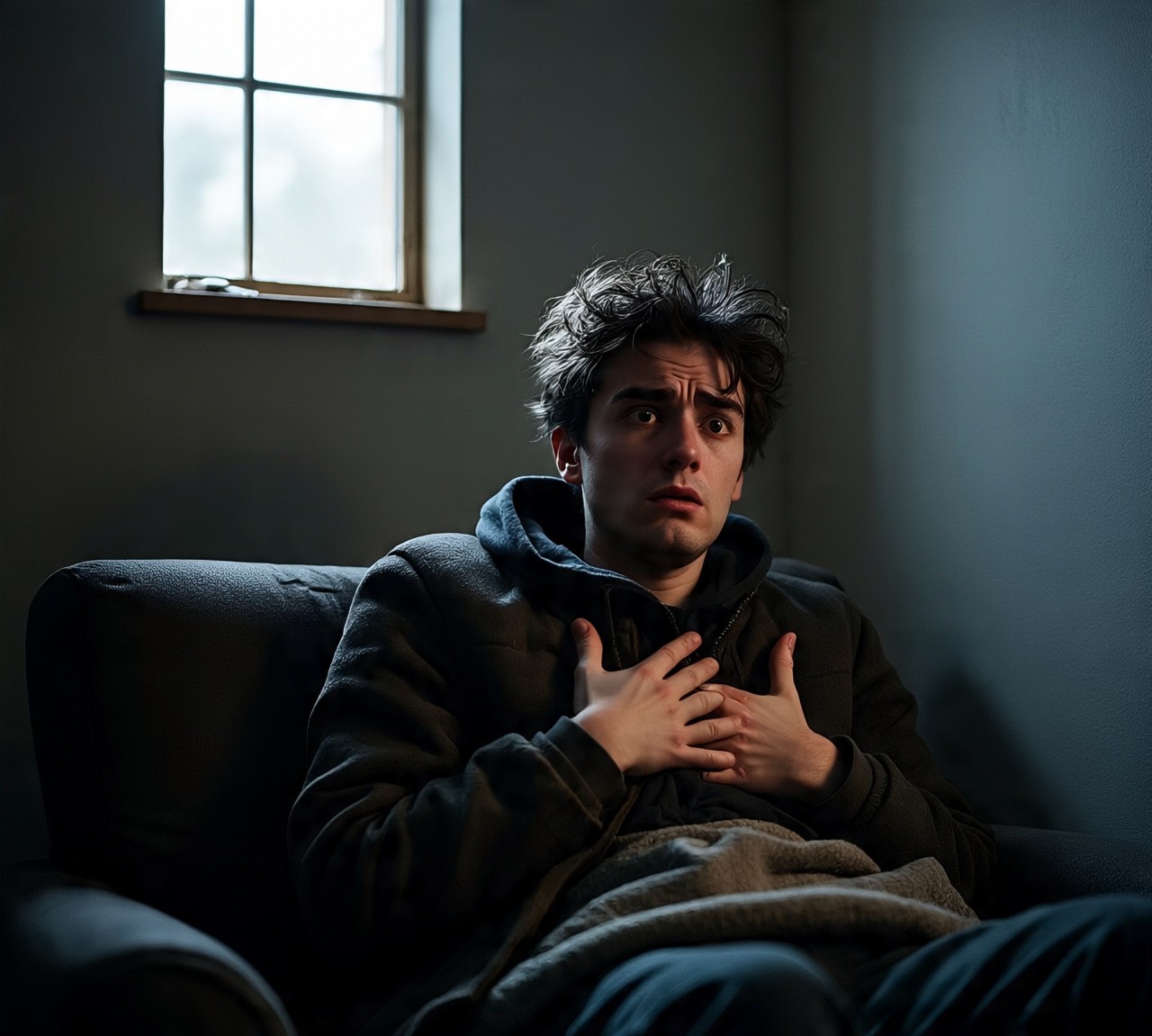 Man experiencing panic attack symptoms while sitting on a couch, holding his chest and struggling with anxiety and breathing indoors.