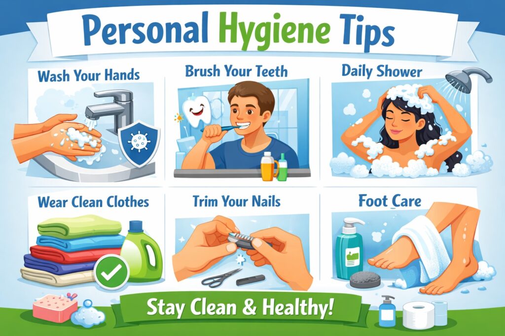 Illustration showing personal hygiene tips including hand washing, brushing teeth, daily shower, wearing clean clothes, nail trimming, and foot care for better health.