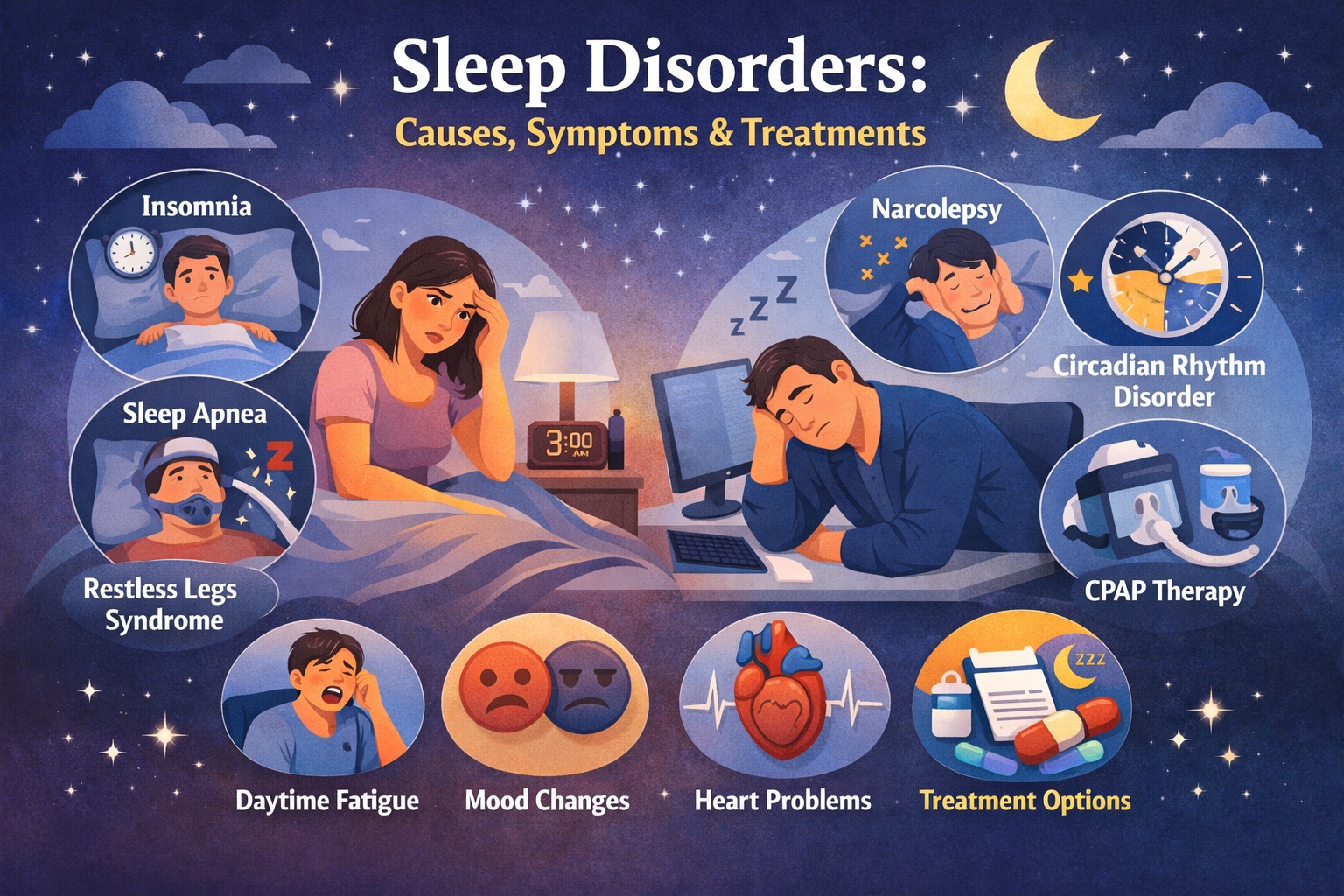 Illustration showing sleep disorders including insomnia, sleep apnea, narcolepsy, restless legs syndrome, symptoms like daytime fatigue and treatment options such as CPAP therapy.