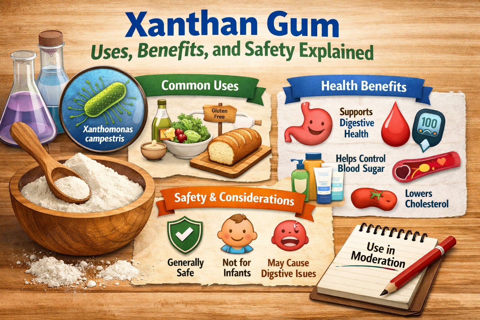 Infographic showing xanthan gum uses, health benefits, and safety including digestive health support, blood sugar control, cholesterol reduction, and common food applications