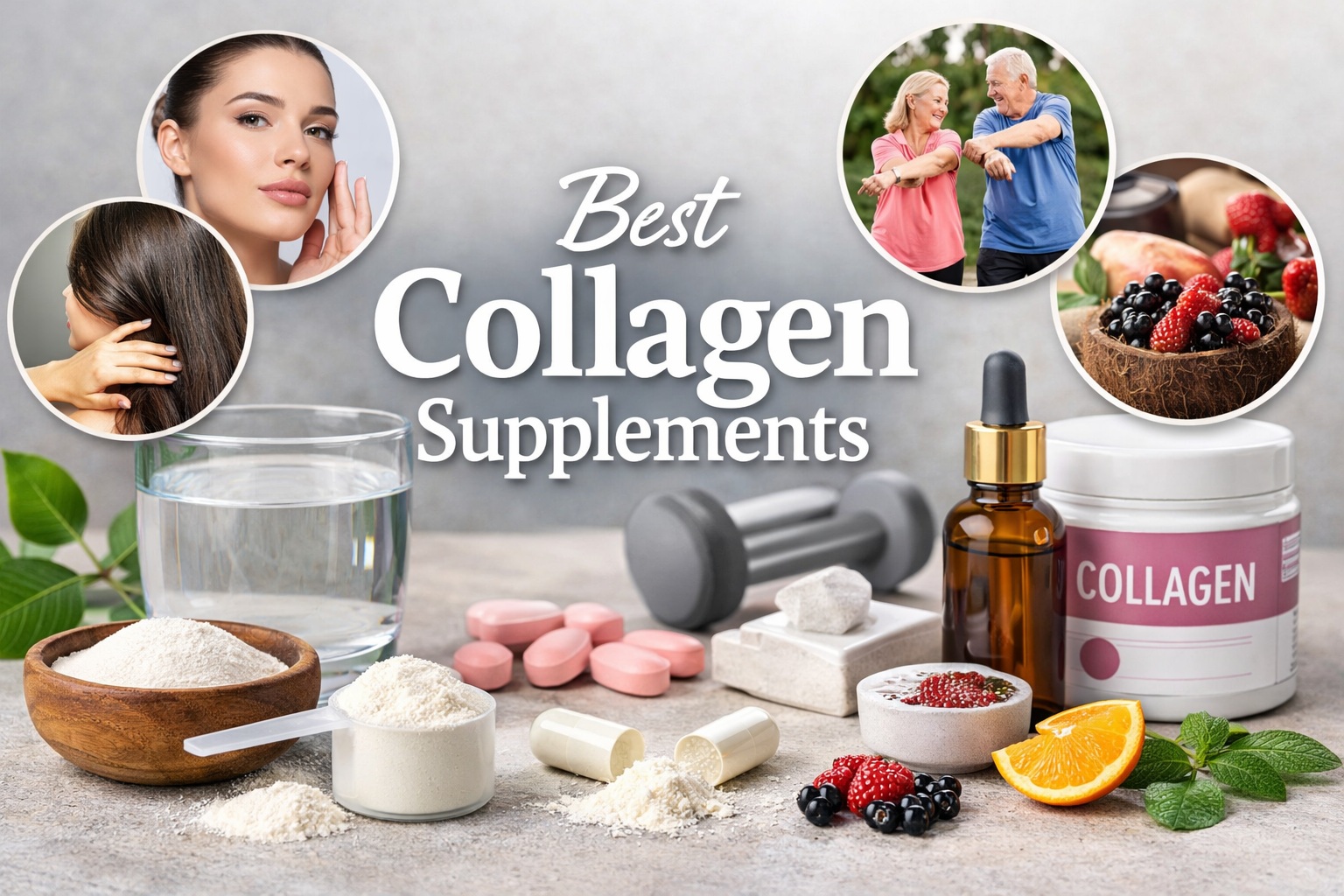 Best collagen supplements for skin, hair, and joint health with collagen powder, capsules, and beauty wellness concept