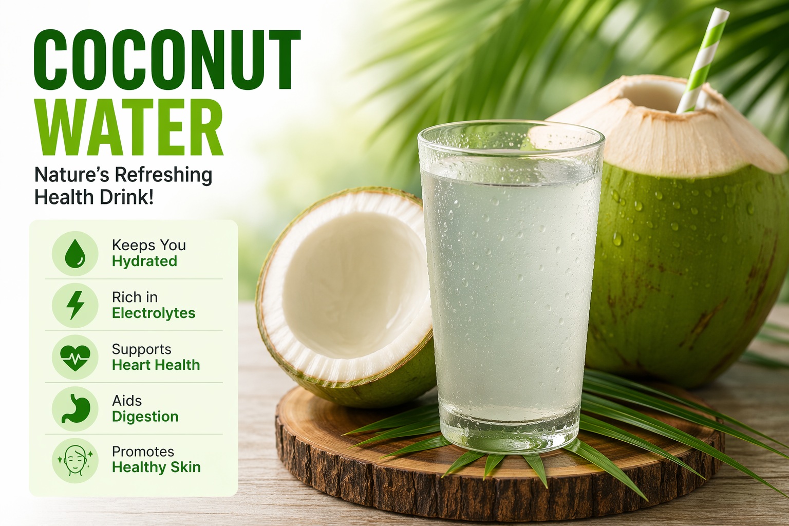 Fresh coconut water in a glass with green coconuts showing hydration, electrolytes, digestion, heart health, and skin benefits