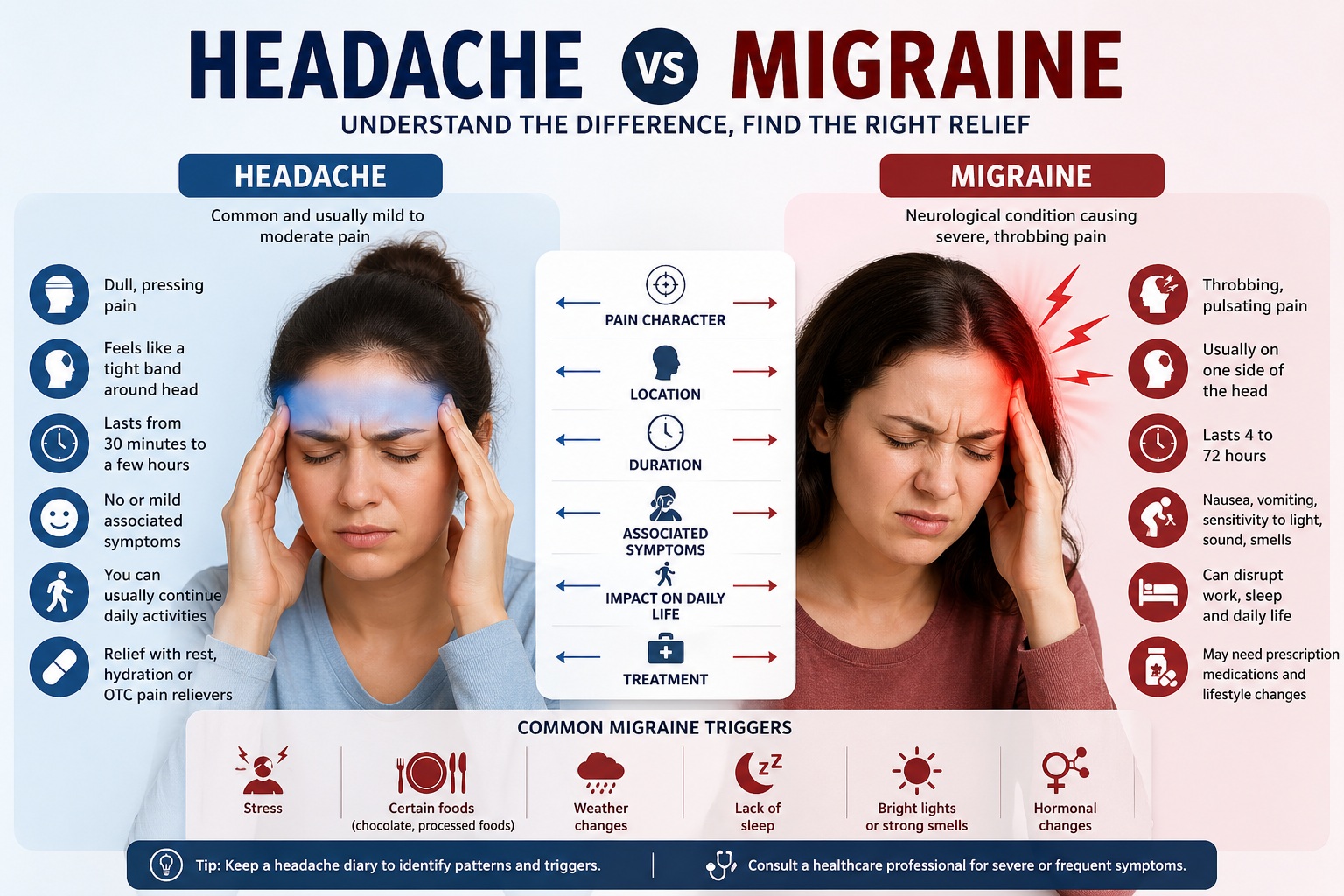 Infographic showing the difference between headache and migraine, including symptoms, pain type, duration, triggers, and treatment options in a side-by-side comparison.