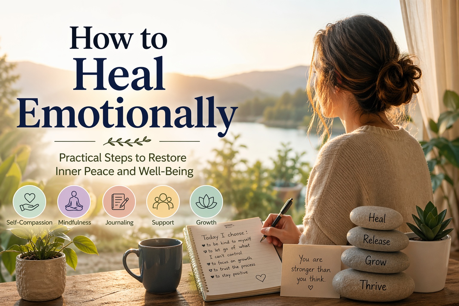 Woman journaling by a peaceful lake at sunrise illustrating how to heal emotionally with practical steps for inner peace, mindfulness, self-compassion, and personal growth