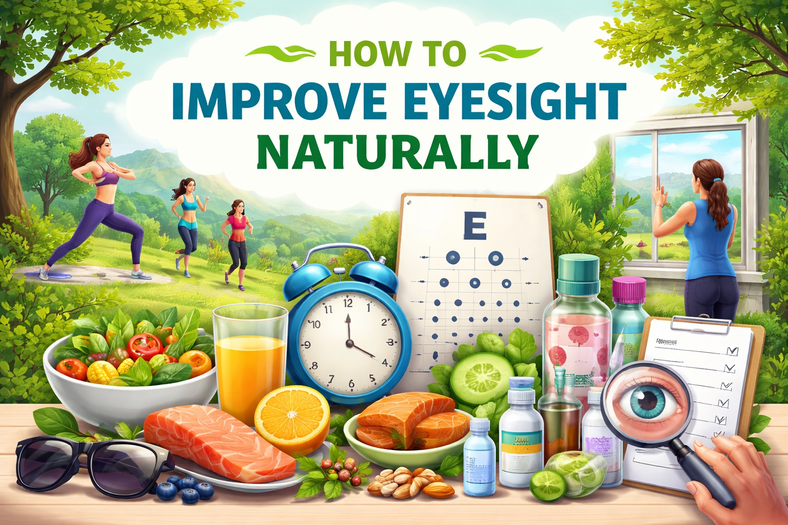 Illustration showing natural ways to improve eyesight including healthy foods, eye exercises, eye chart, supplements, and outdoor activities for better eye health