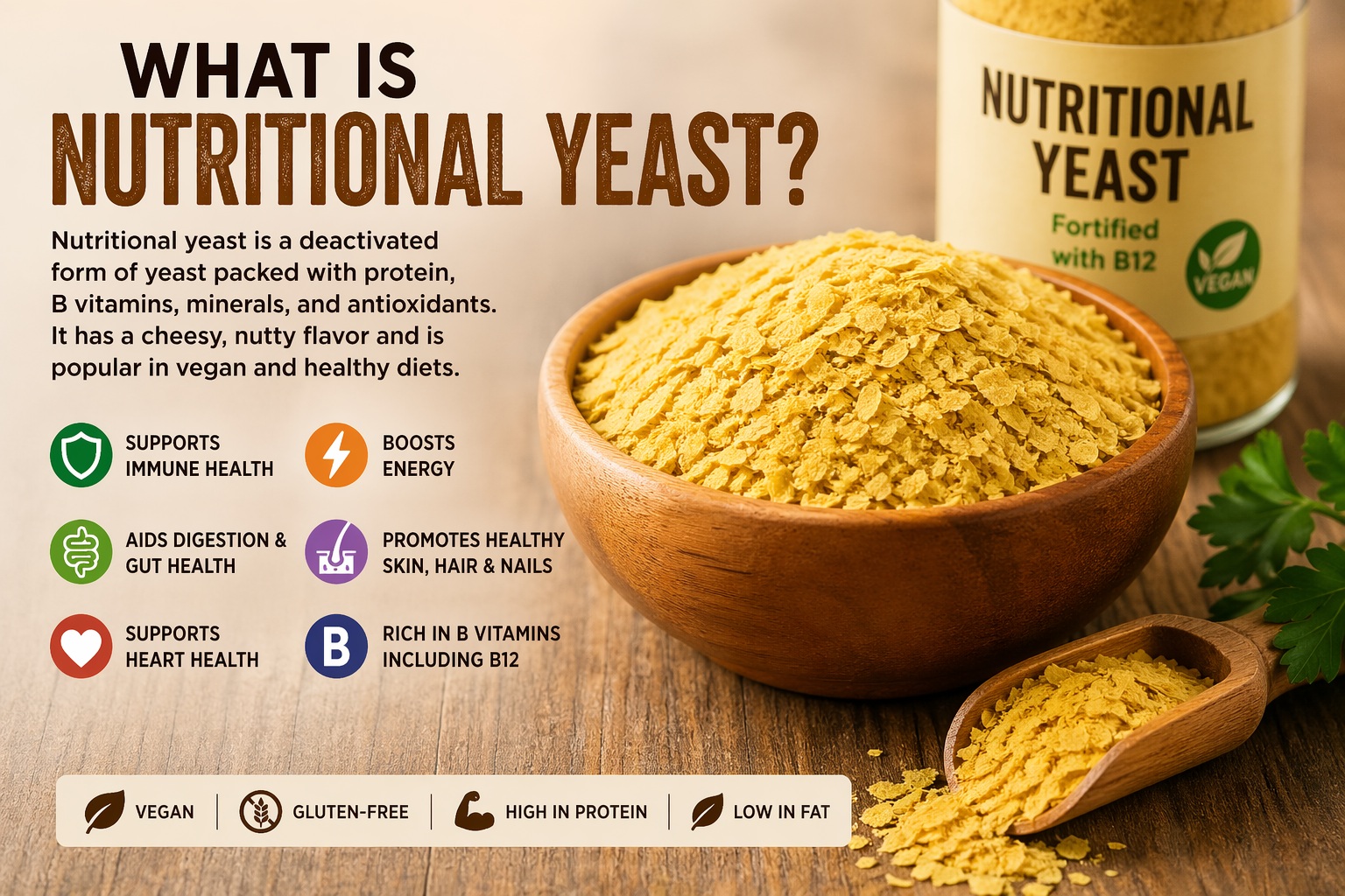 Infographic explaining what nutritional yeast is, its health benefits, B vitamins, protein content, and vegan uses with flakes in a wooden bowl