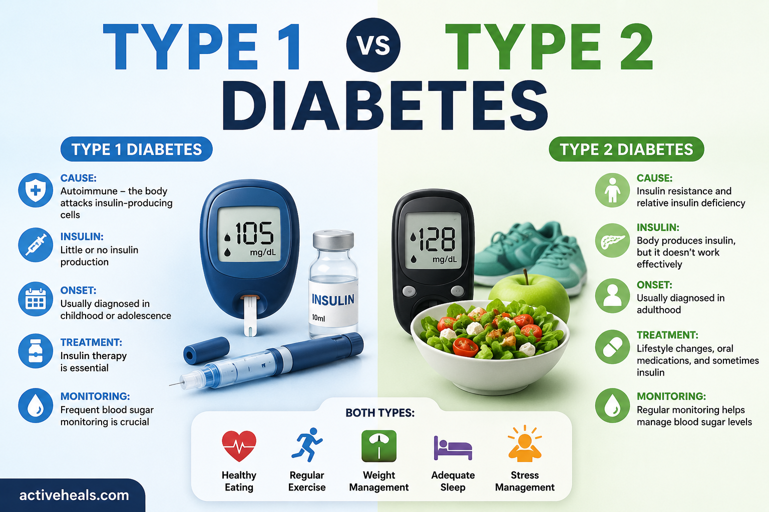 Type 1 vs Type 2 diabetes infographic showing causes, symptoms, insulin use, treatment, blood sugar monitoring, and lifestyle management differences.